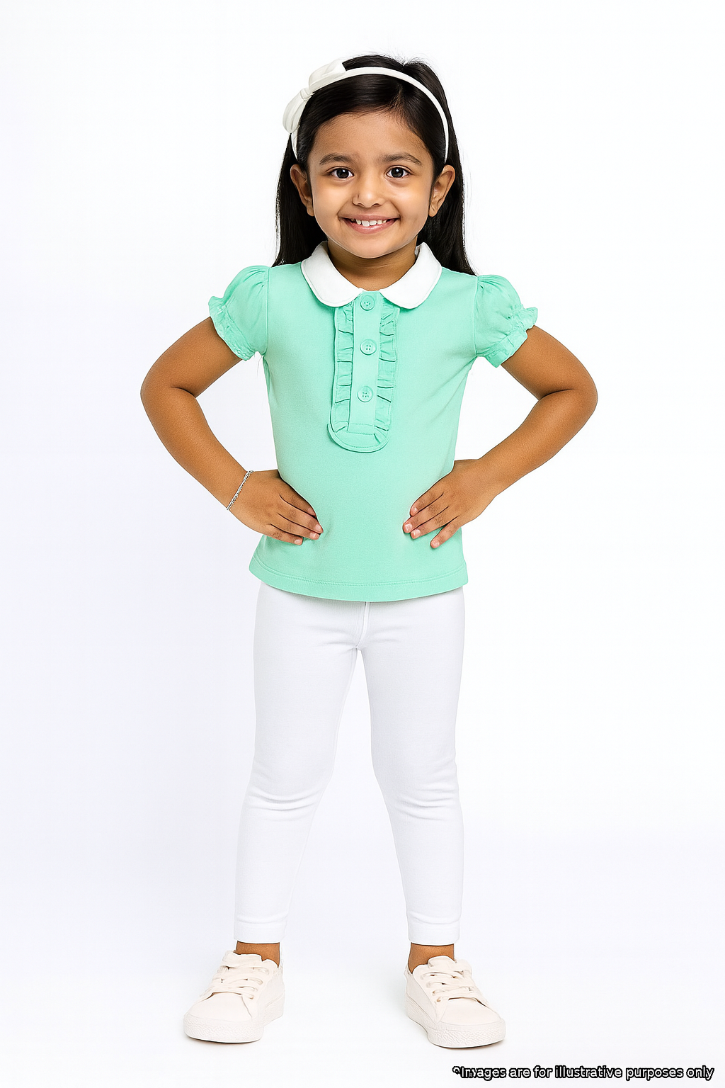 "Girls' Mint Green Polo T-Shirt with Ruffled Button Placket & White Collar"