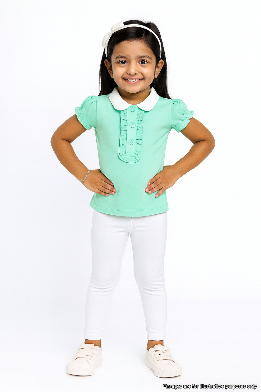 "Girls' Mint Green Polo T-Shirt with Ruffled Button Placket & White Collar"