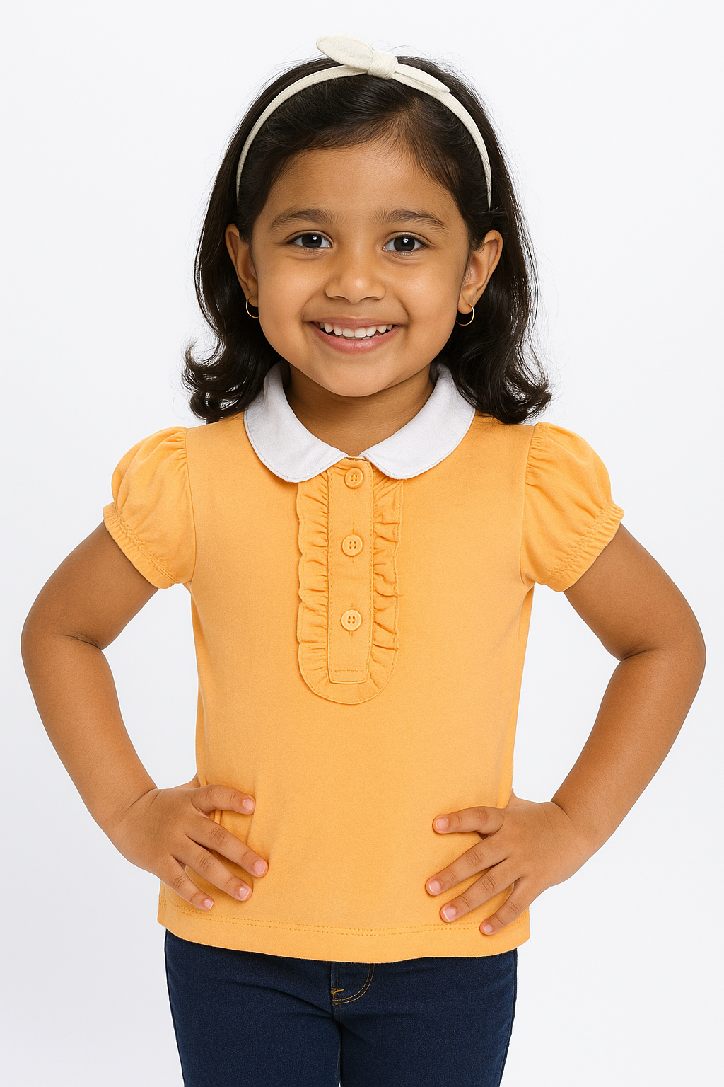 "Girls' Orange Polo T-Shirt with Ruffled Button Placket & White Collar"