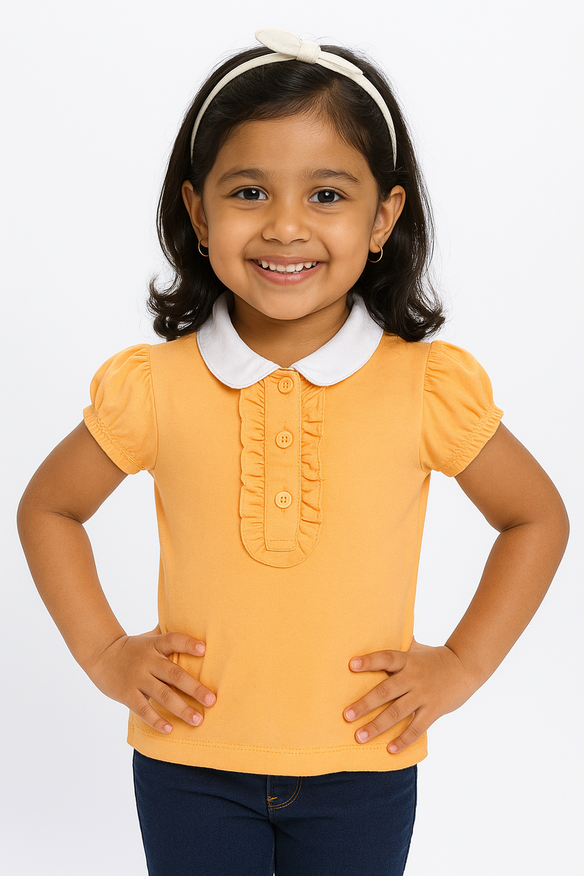 "Girls' Orange Polo T-Shirt with Ruffled Button Placket & White Collar"