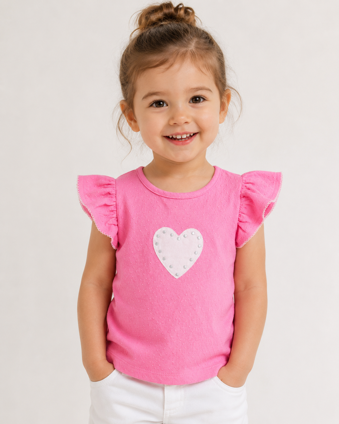 JusCubs Baby Girls Pink Textured Flutter Sleeve T-Shirt with Heart Applique