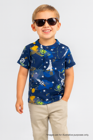 "Boys Navy Blue Space Print Cotton Henley T-Shirt – Half Sleeves"