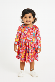 Girls' Colorful Jungle Print Dress with Ruffle Collar
