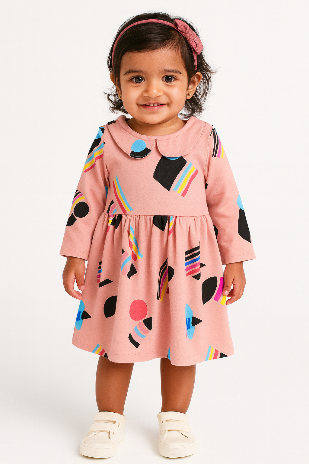 Girls' Pink Abstract Print Dress with Peter Pan Collar