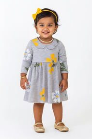 Girls' Grey Floral Print Dress with Peter Pan Collar