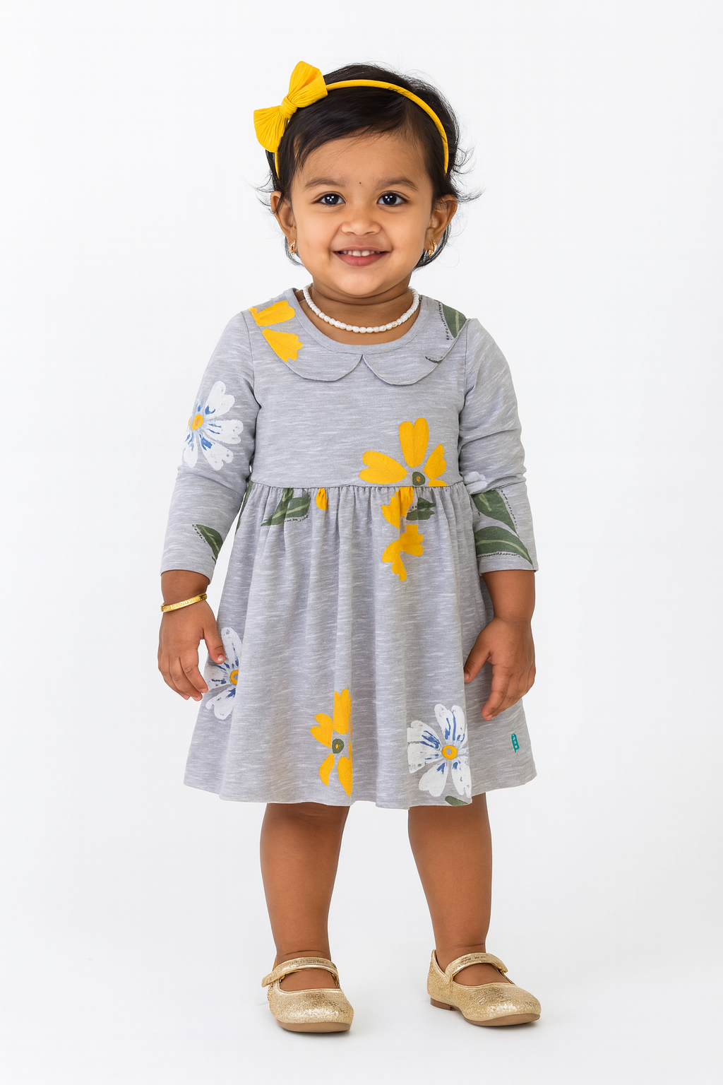 Girls' Grey Floral Print Dress with Peter Pan Collar