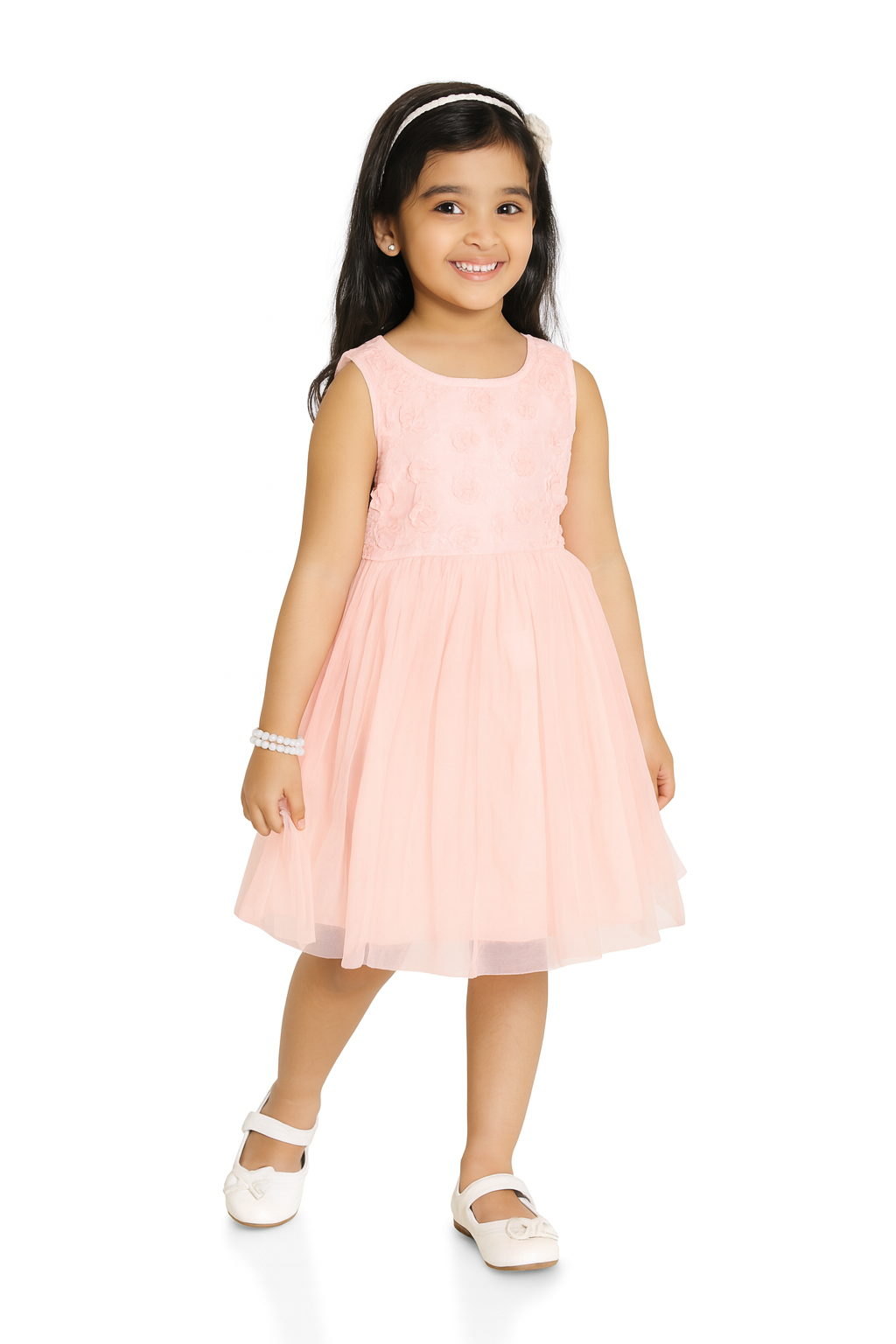 "Baby Girls Sleeveless Floral Embroidered Party Dress – Pink"