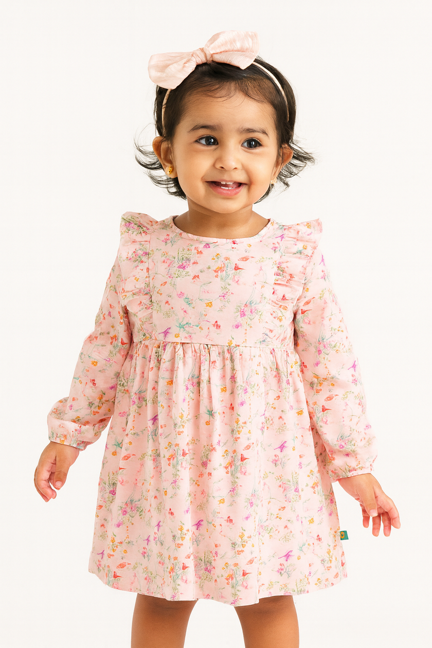 Girls' Pink Floral Ruffle Sleeve Dress with Bird Print