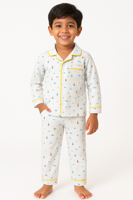 "Boys Cotton Night Suit | White Printed Full Sleeve Shirt & Pajama Set"