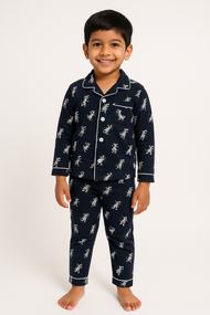 Boys' Navy Blue Animal Print Nightwear Set with Contrast Piping