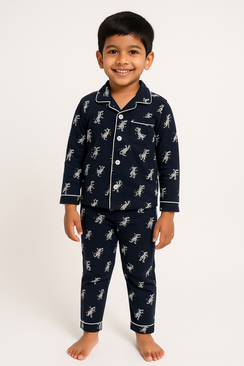 Boys' Navy Blue Animal Print Nightwear Set with Contrast Piping