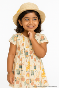 "Baby Girls' Animal Print Cotton Half Sleeve Dress with Pom-Pom Hem – Off-white"