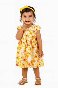 "Baby Girls Floral Printed Cotton Dress – Yellow & Orange Daisy Pattern"
