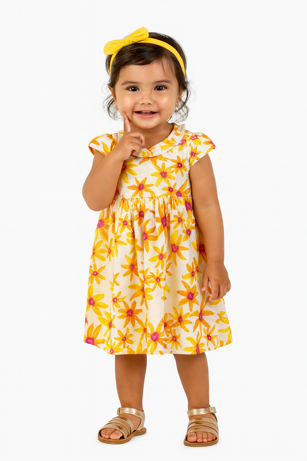 "Baby Girls Floral Printed Cotton Dress – Yellow & Orange Daisy Pattern"