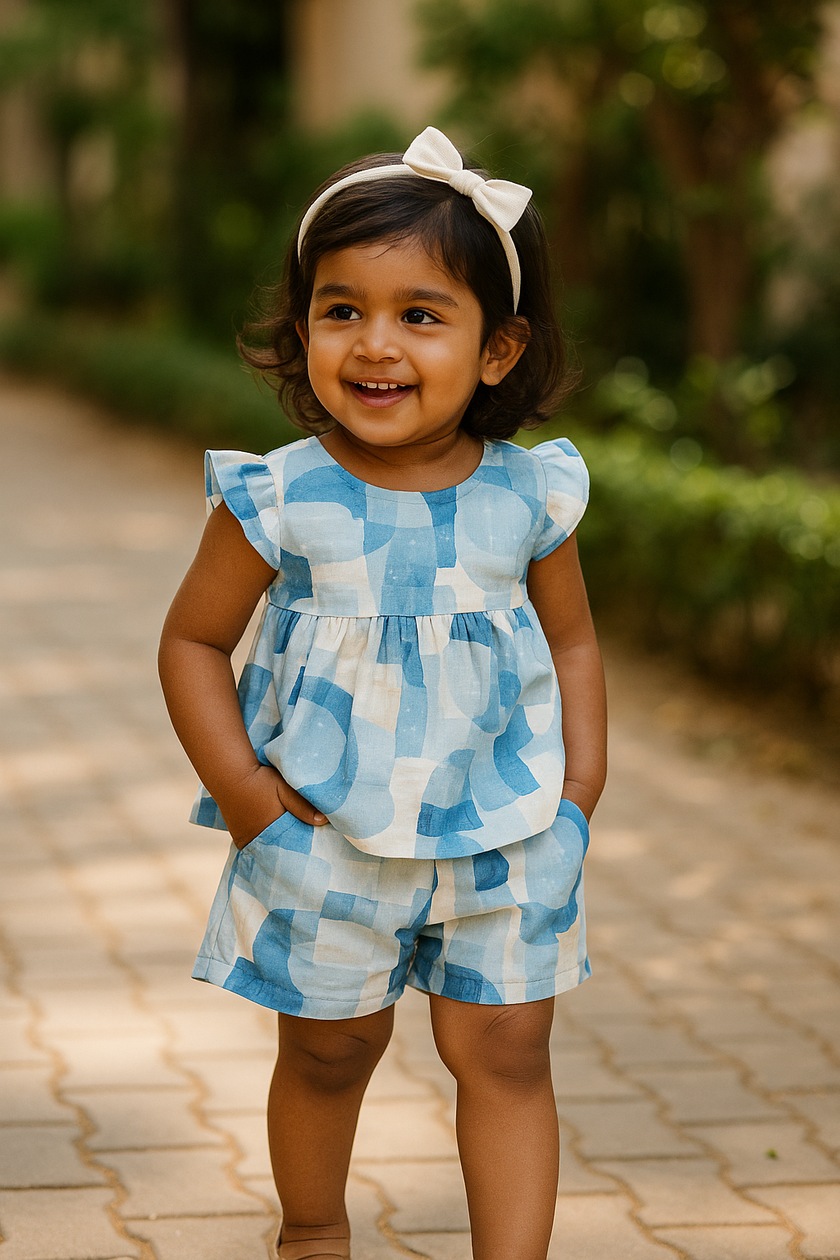 "Baby Girls Abstract Print Cotton Top & Shorts Set – Blue & White Co-ord"