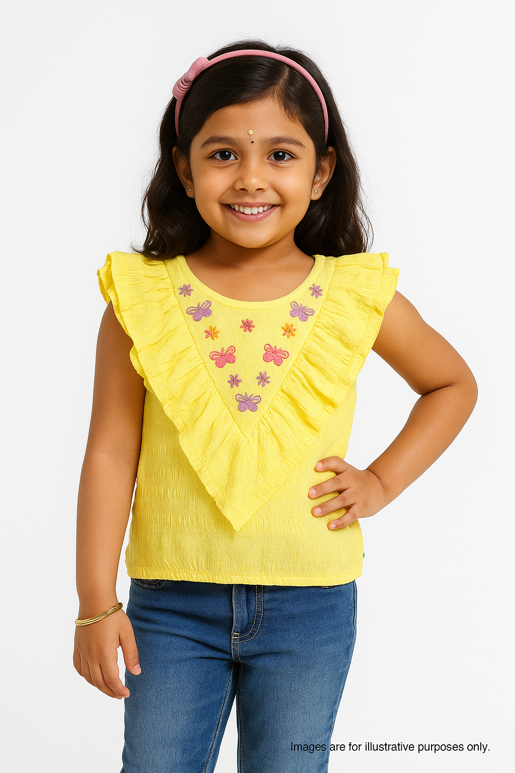 "Girls Yellow Sleeveless Top with Ruffle Neck & Butterfly Embroidery"