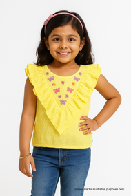 "Girls Yellow Sleeveless Top with Ruffle Neck & Butterfly Embroidery"