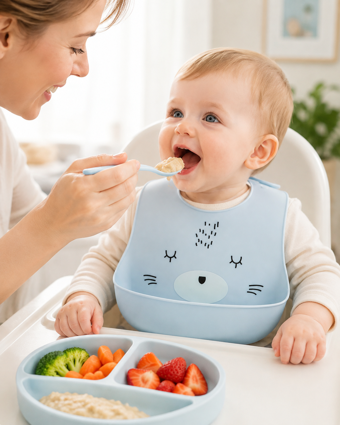 Baby Silicone Feeding Bib with Food Catcher Pocket – Blue Animal Print