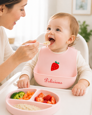 Baby Silicone Feeding Bib with Food Catcher Pocket – Pink Strawberry Print