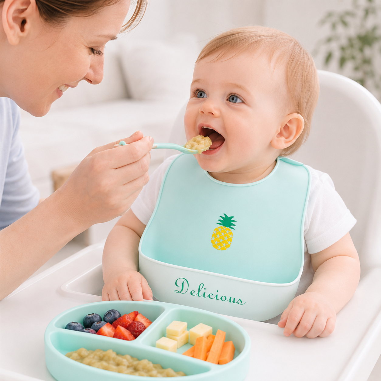 Baby Silicone Feeding Bib with Food Catcher Pocket – Mint Green Pineapple Print