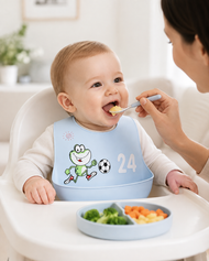 Baby Silicone Feeding Bib with Food Catcher Pocket – Blue Frog Football Print