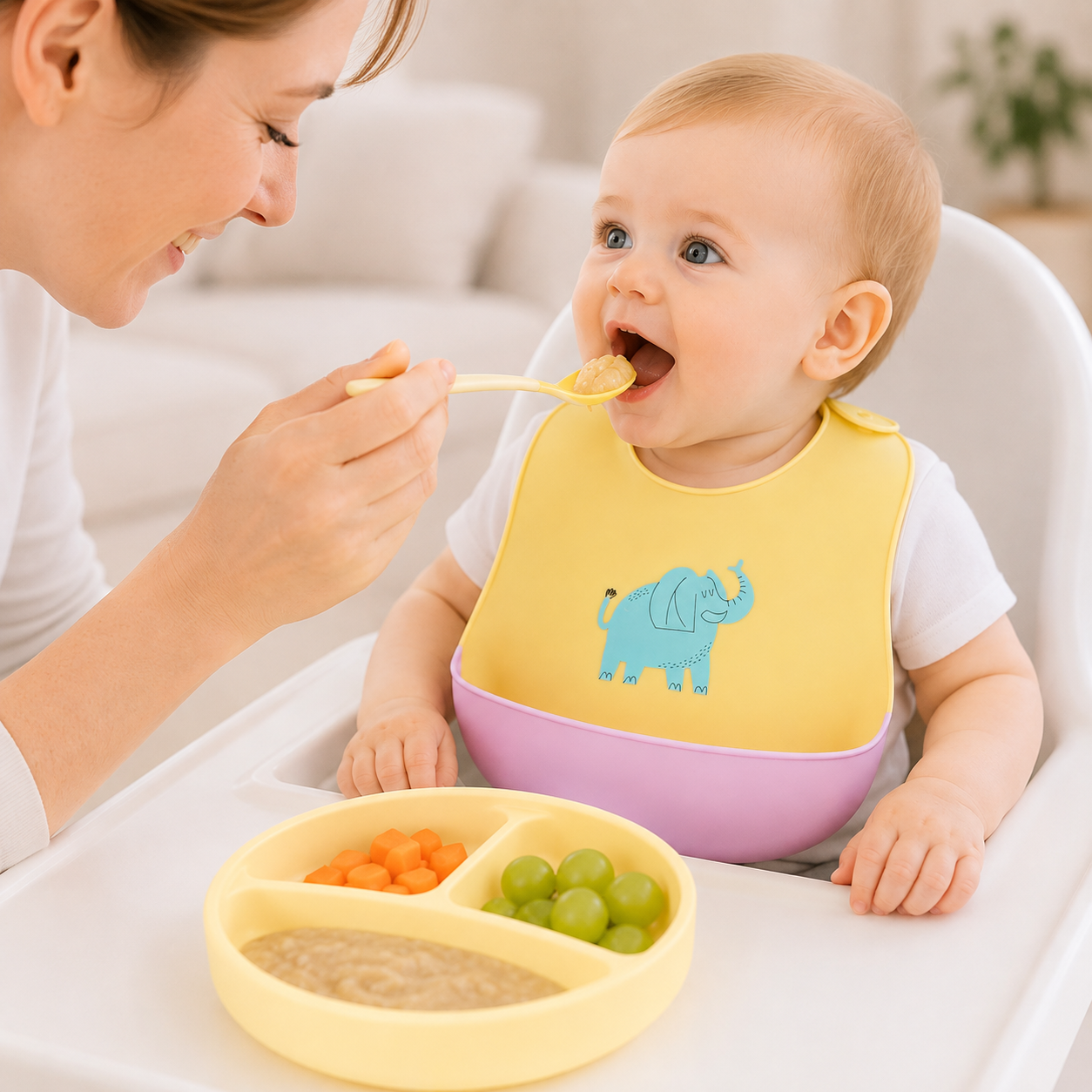 Baby Silicone Feeding Bib with Food Catcher Pocket – Yellow Elephant Print