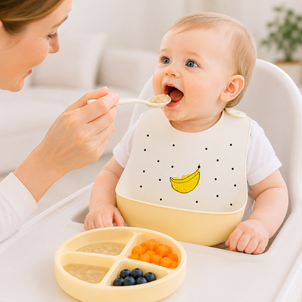 Baby Silicone Feeding Bib with Food Catcher Pocket – White & Yellow Banana Print