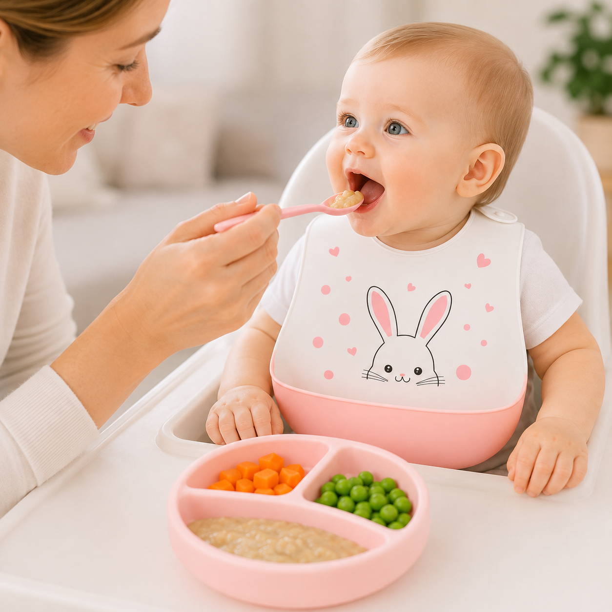 Baby Silicone Feeding Bib with Food Catcher Pocket – White & Pink Bunny Print