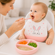Baby Silicone Feeding Bib with Food Catcher Pocket – White & Pink Bunny Print