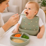 Baby Silicone Feeding Bib with Food Catcher Pocket – Sage Green Car & Tree Print