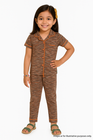 "Girls' Brown Cotton Half sleeves Night Suit Set – Button-Down Shirt & Pajama