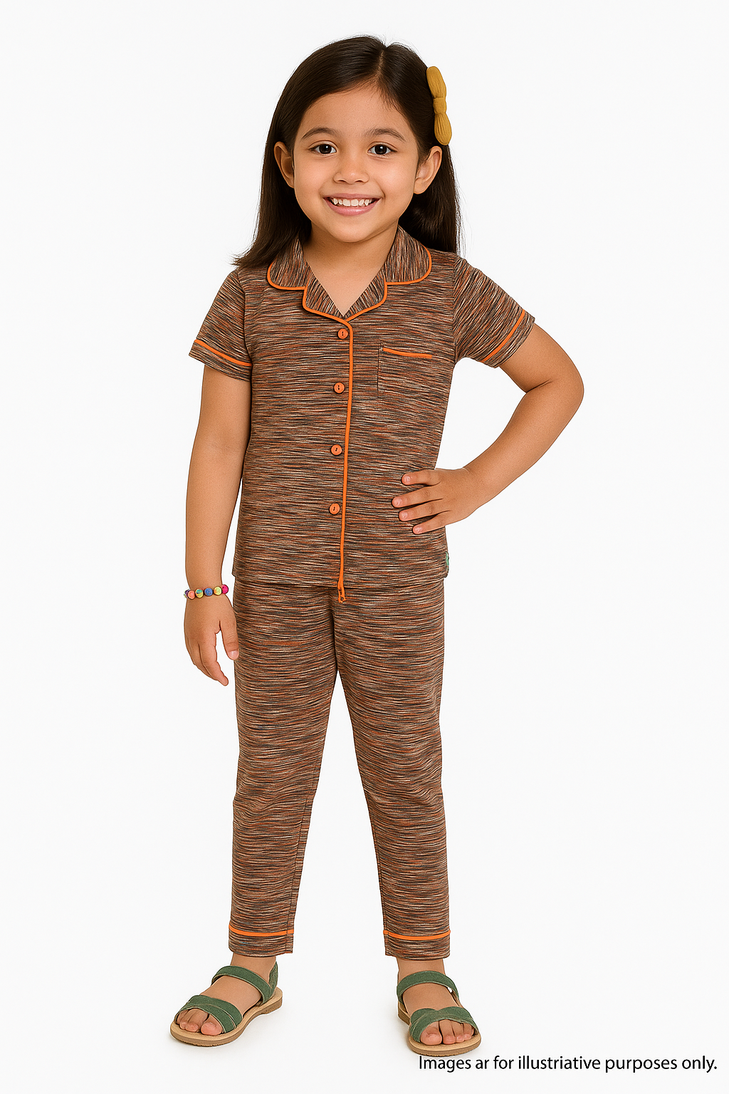 "Girls' Brown Cotton Half sleeves Night Suit Set – Button-Down Shirt & Pajama