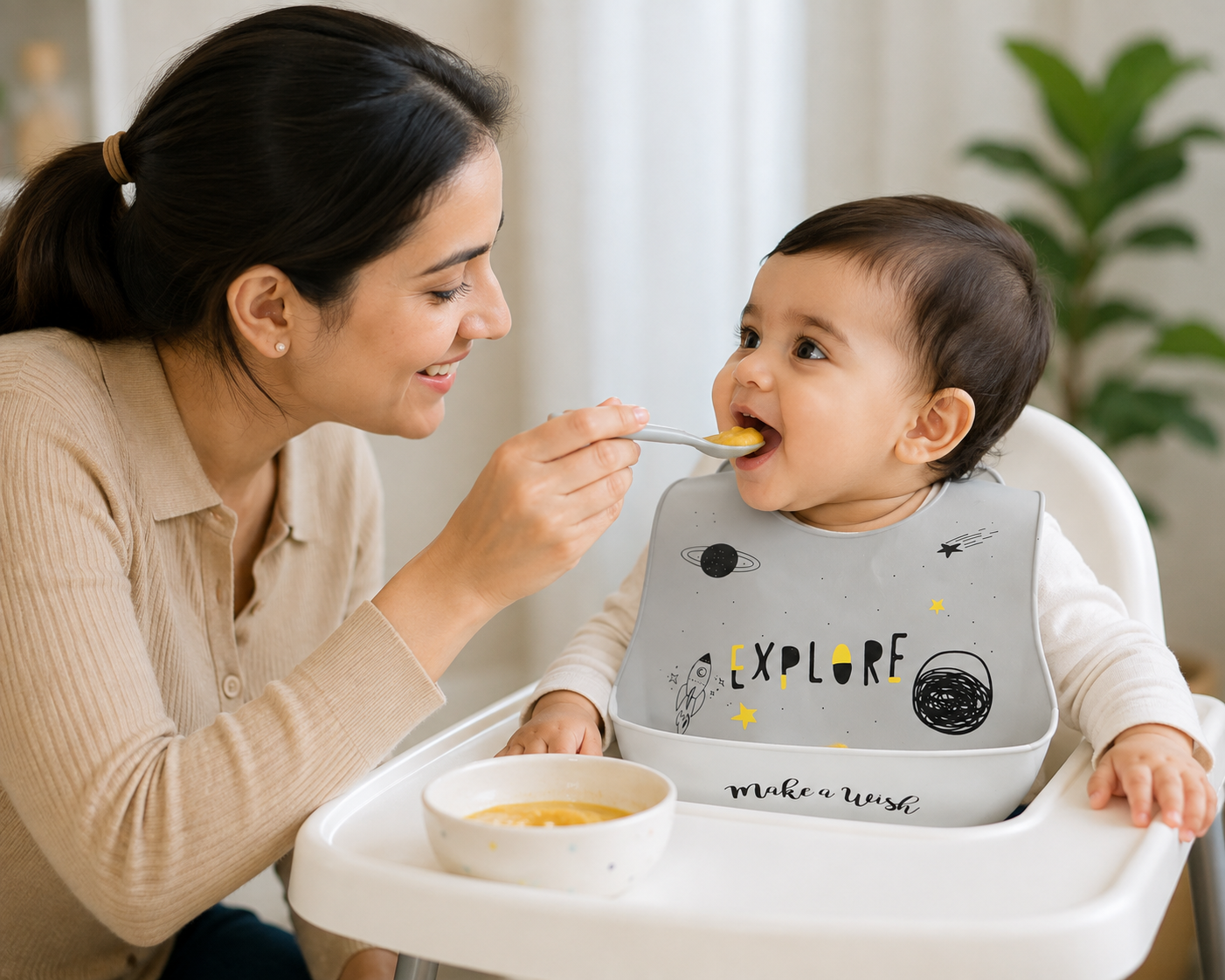 Kids Silicone Feeding Bib with Explore Space Print – Grey & White