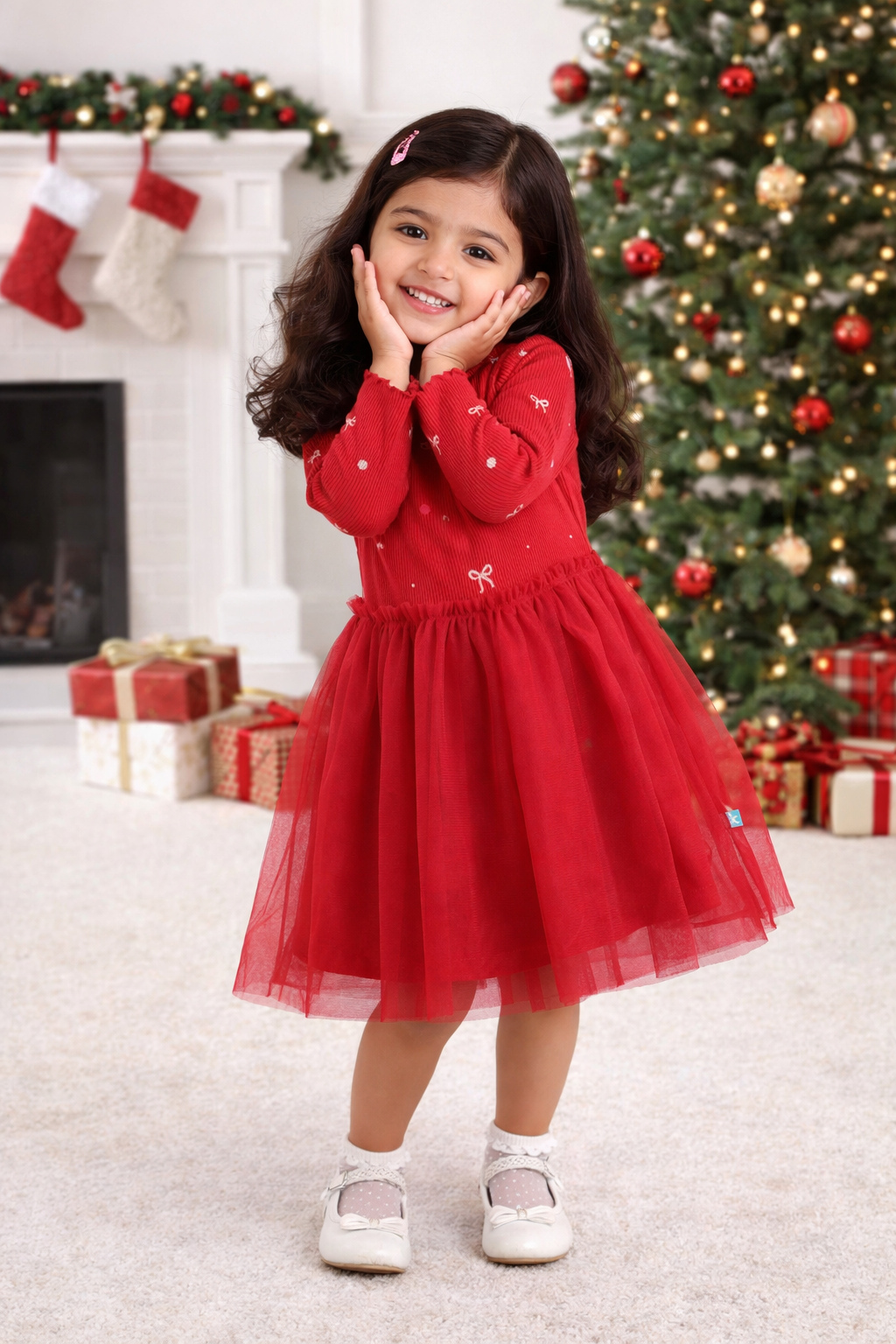 "Baby Girls Red Party Wear Dress | Long Sleeve Embroidered Bodice & Tulle Skirt"