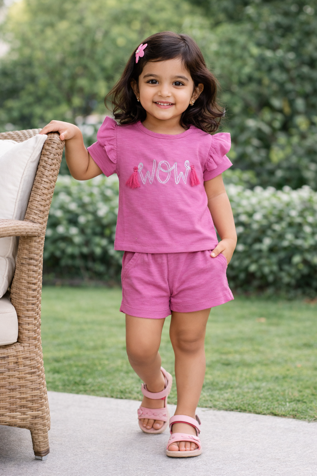 "Baby Girls Pink “WOW” Print T-shirt & Shorts Co-Ord Set with Tassel Embellishment"
