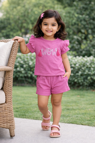 "Baby Girls Pink “WOW” Print T-shirt & Shorts Co-Ord Set with Tassel Embellishment"