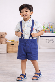 “Baby Boys Printed Shirt & Blue Suspender Shorts Set – Stylish Casual Wear"