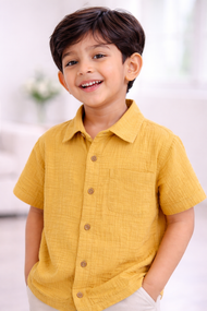 "Baby Boys Premium Muslin Cotton Shirt | Mustard | Lightweight & Breathable"