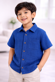 "Baby Boys Premium Muslin Cotton Shirt | Navy Blue | Lightweight & Breathable"