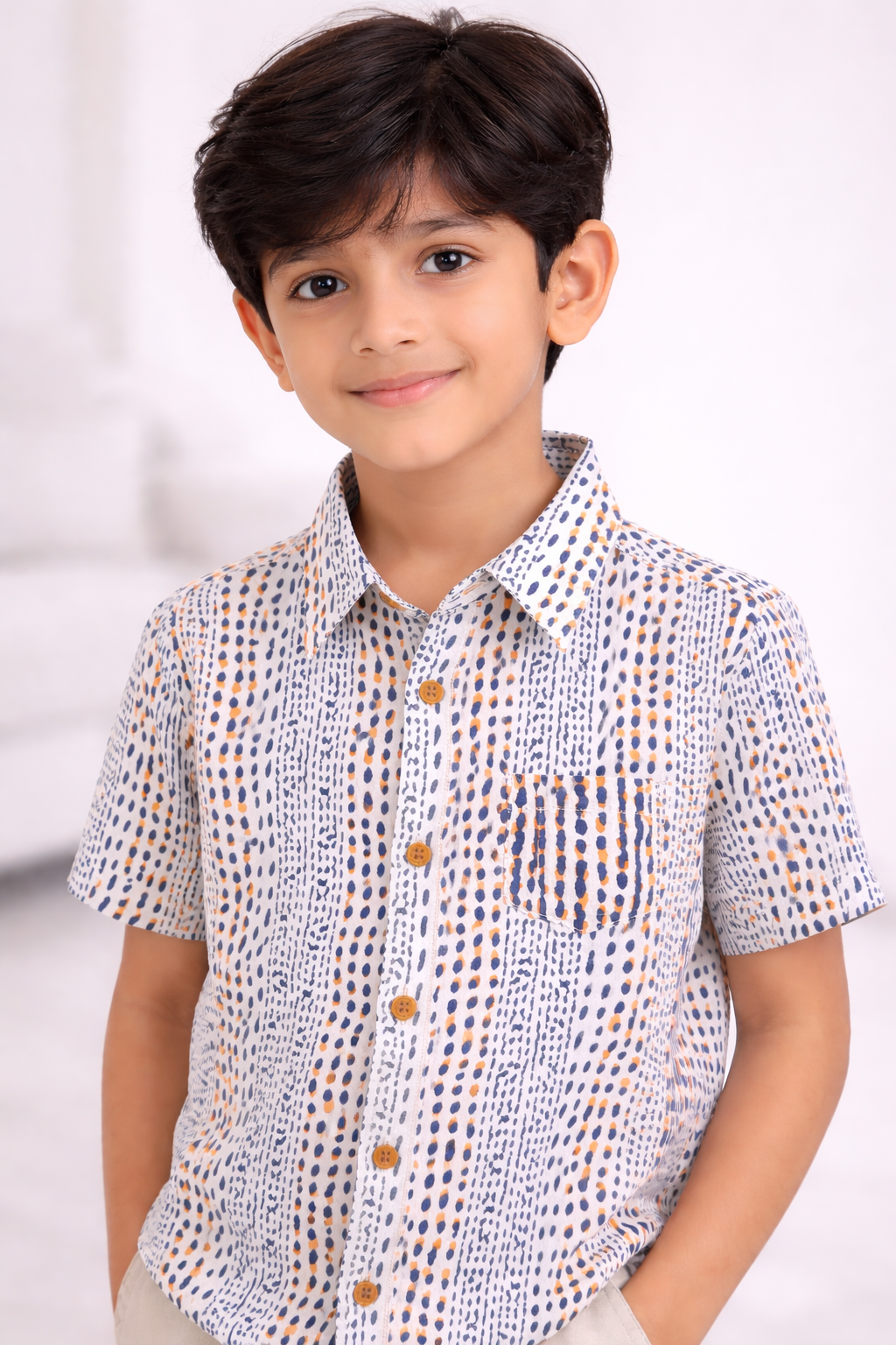 "Boys Soft Cotton Printed Button-Down Shirt | Stylish Multi-Color Pattern"