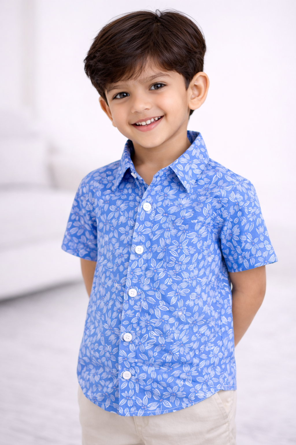 "Boys Blue Cotton Shirt with Allover Leaf Print – Half Sleeve Casual Wear"