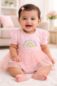 "Baby Girls Pink Rainbow Embroidered Tulle Dress Bodysuit – Soft Cotton Onesie with Flutter Sleeves"