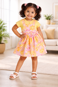 "Girls Sunshine Print Pinafore Dress with Matching Yellow T-Shirt – Comfortable Cotton Set"