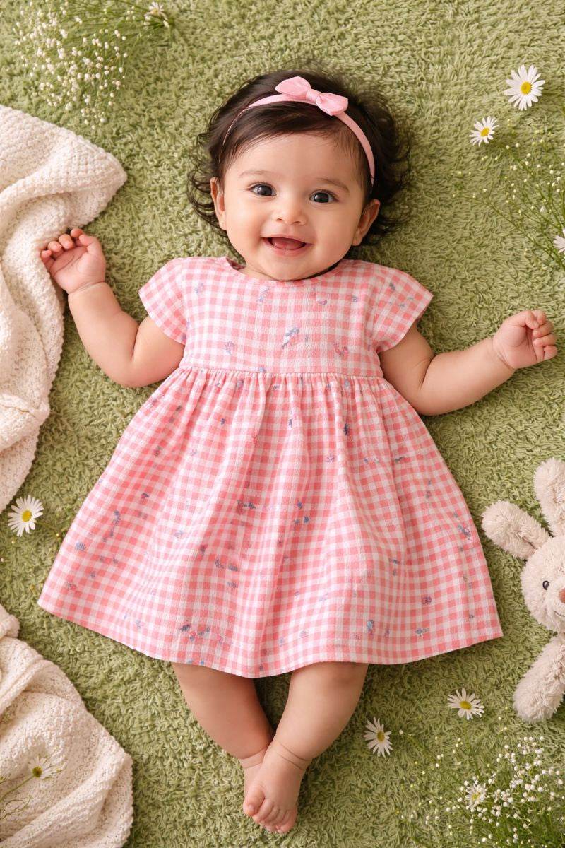 "Baby Girls Pink Checkered Cotton Dress with Tiny Floral Print – Soft, Lightweight & Comfortable Wear"