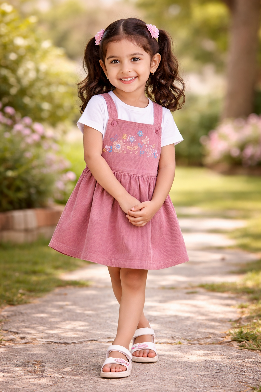 "Baby Girls Corduroy Pinafore Dress & Inner Tee Set | Floral Embroidery"