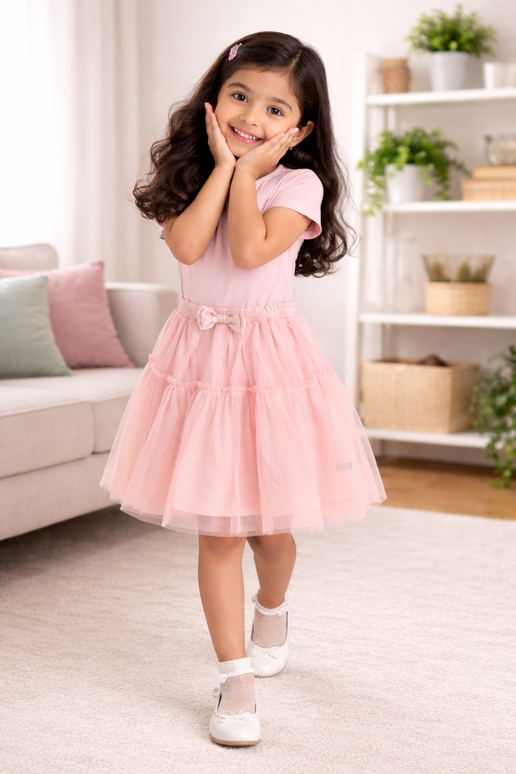 "Girls Pink Princess Party Dress – Layered Net Skirt & Bow Waist"