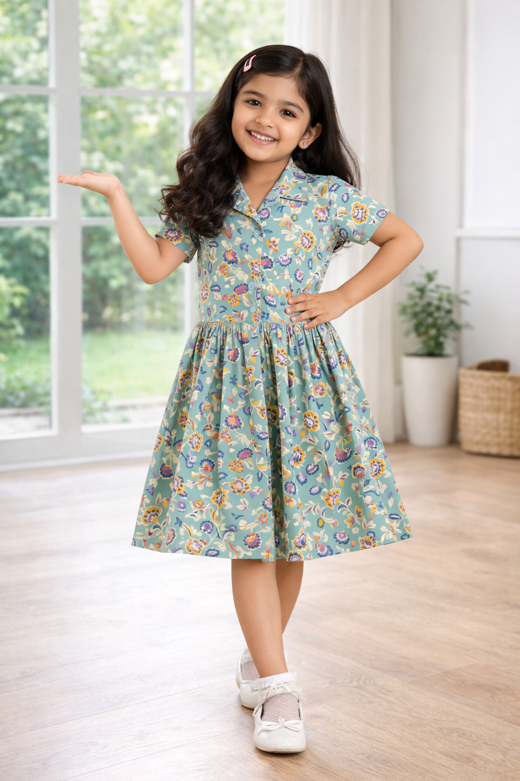 "Girls Premium Cotton Dress | All-Over Floral Print | Collared Fit & Flare Style"