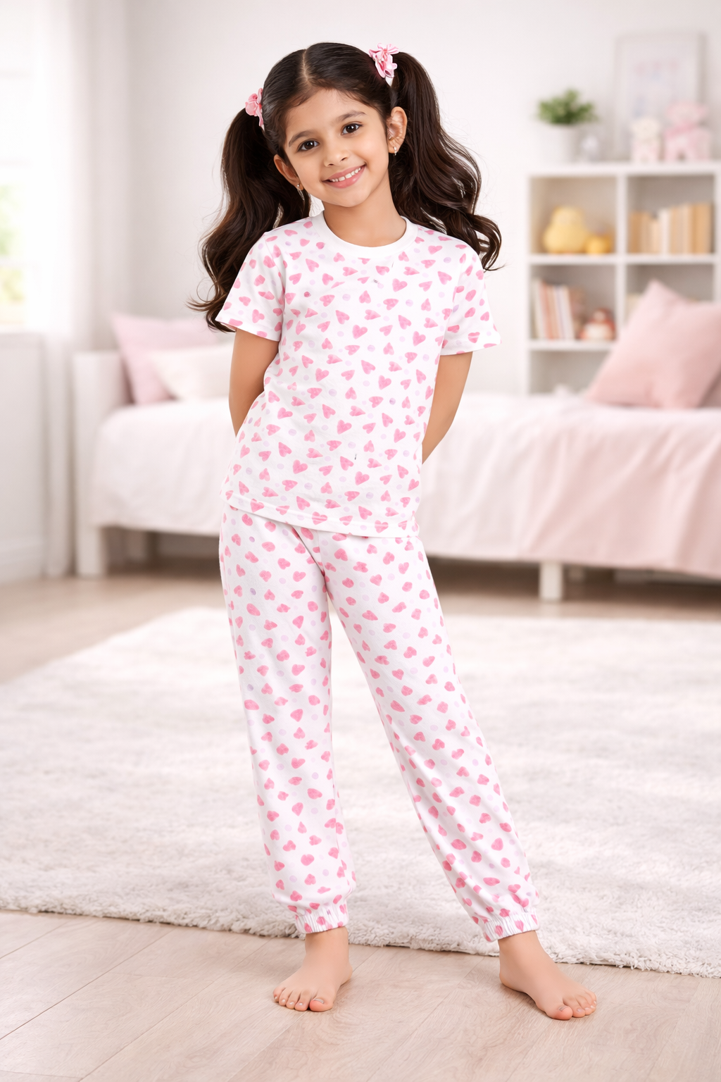 “Girls Soft Cotton Nightwear Set | Pink Heart Printed Half Sleeves T-Shirt & Pajamas"