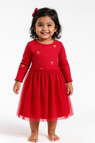 "Baby Girls Red Party Wear Dress | Long Sleeve Embroidered Bodice & Tulle Skirt"