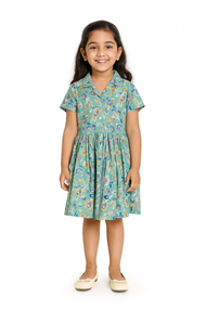 "Girls Premium Cotton Dress | All-Over Floral Print | Collared Fit & Flare Style"